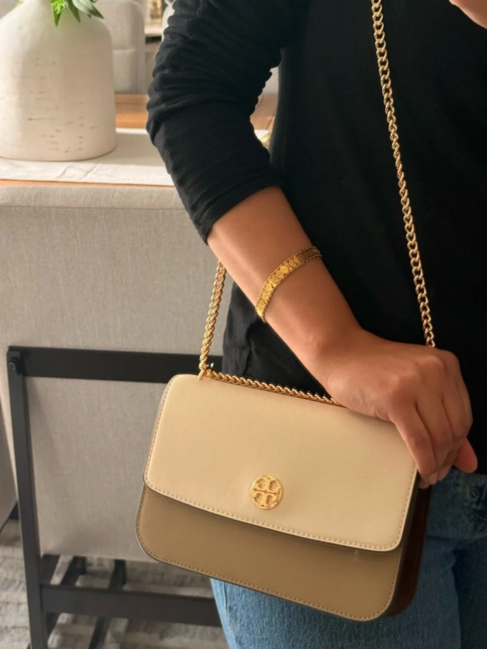 New Tory Burch COLOR-BLOCK SHOULDER BAG BRIE / ALMOND / COLD BREW